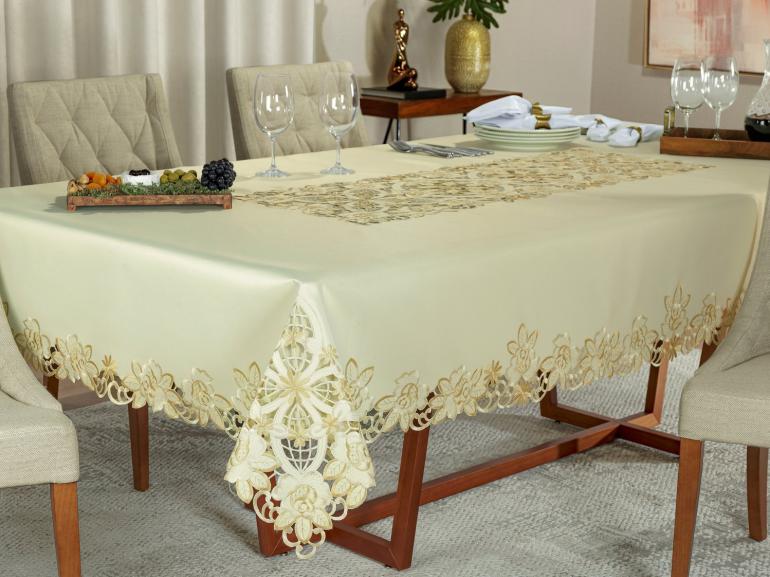 Toalha de Mesa com Bordado Richelieu Retangular 8 Lugares 160x270cm - Godiva Bege - Dui Design