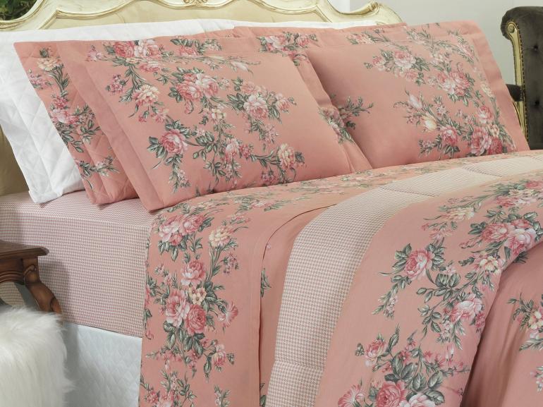 Jogo de Cama Queen Percal 180 fios - Marlene Rosa Velho - Dui Design